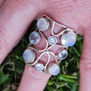 Multi-Moonstone & Topaz Gemstone Ring in 925 Solid Sterling Silver (Size 9)